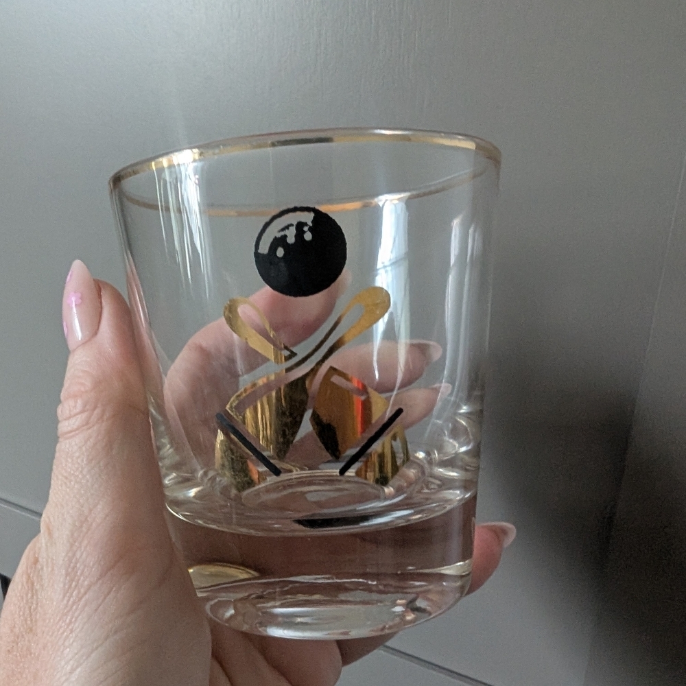 Gold and Black Cocktail Glass With Bowling Motif
